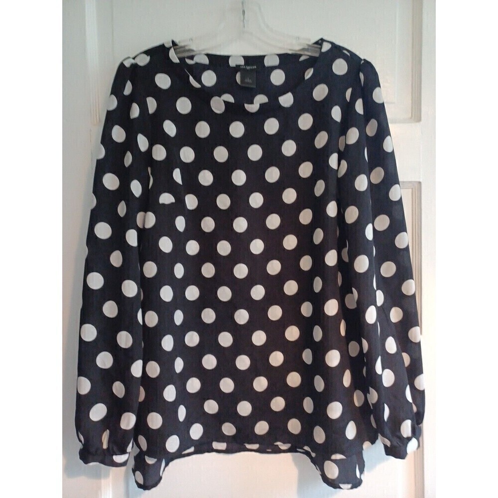 Ann Taylor polkadot blouse S black white sleeves flowy silky trendy 80s